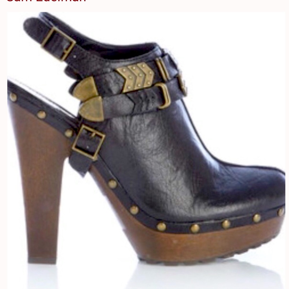 Sam Edelman Black Leather Platform Clog Heels with Brass Studs